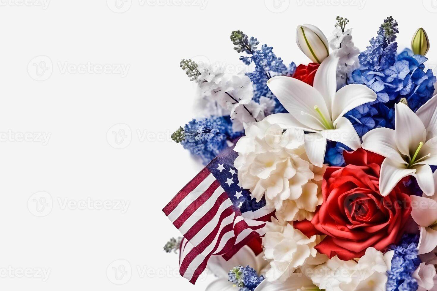 Patriotic Blooms Vibrant American Flag Color Flowers on a White Background with Copy Space photo