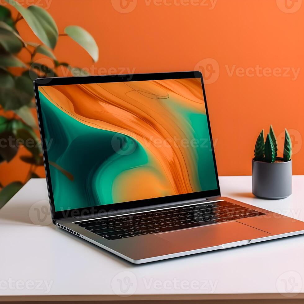 Sleek Laptop Mockup Trendy Background, High Quality and Realistic, Perfect for Marketing photo