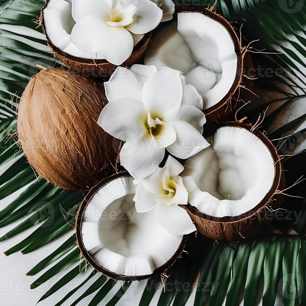 Coconut Slices with Leaves and Flowers for Summer Aesthetic photo