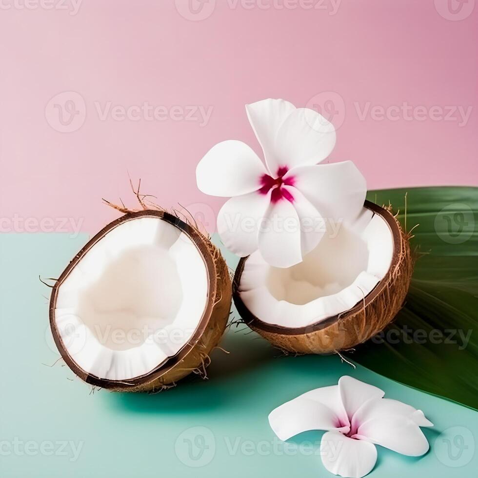 Coconut Slices with Leaves and Flowers for Summer Aesthetic photo