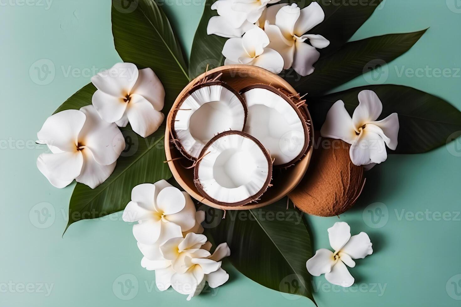 Coconut Slices with Leaves and Flowers for Summer Aesthetic photo