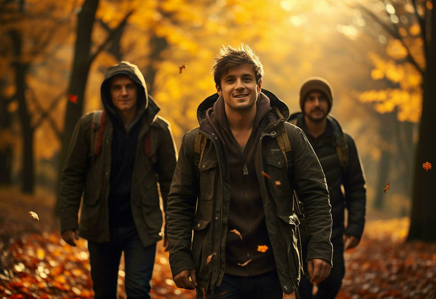Tres joven hombres caminando en el otoño parque y mirando a cada otro realista imagen, ultra alta definición, alto diseño muy detallado foto