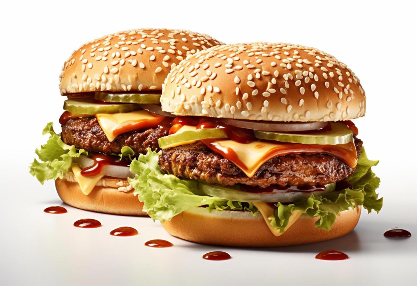 Double hamburger isolated on white background Fresh burger fast food with beef and cream cheese realistic image, ultra hd, high design very detailed photo