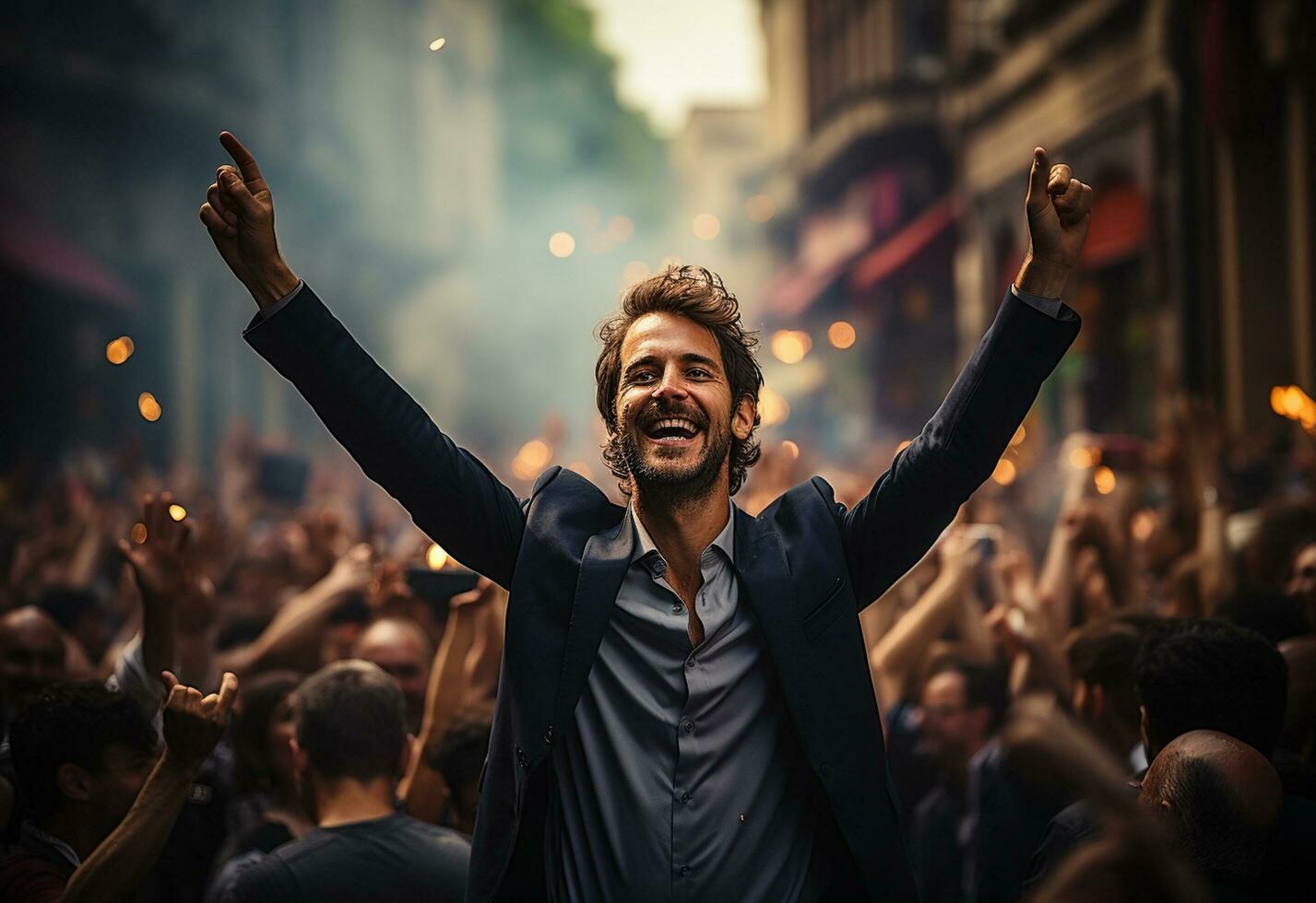 a sucessfull business man celebrate his sucess on a crowded street morning picture taken from drone realistic image, ultra hd, high design very detailed photo