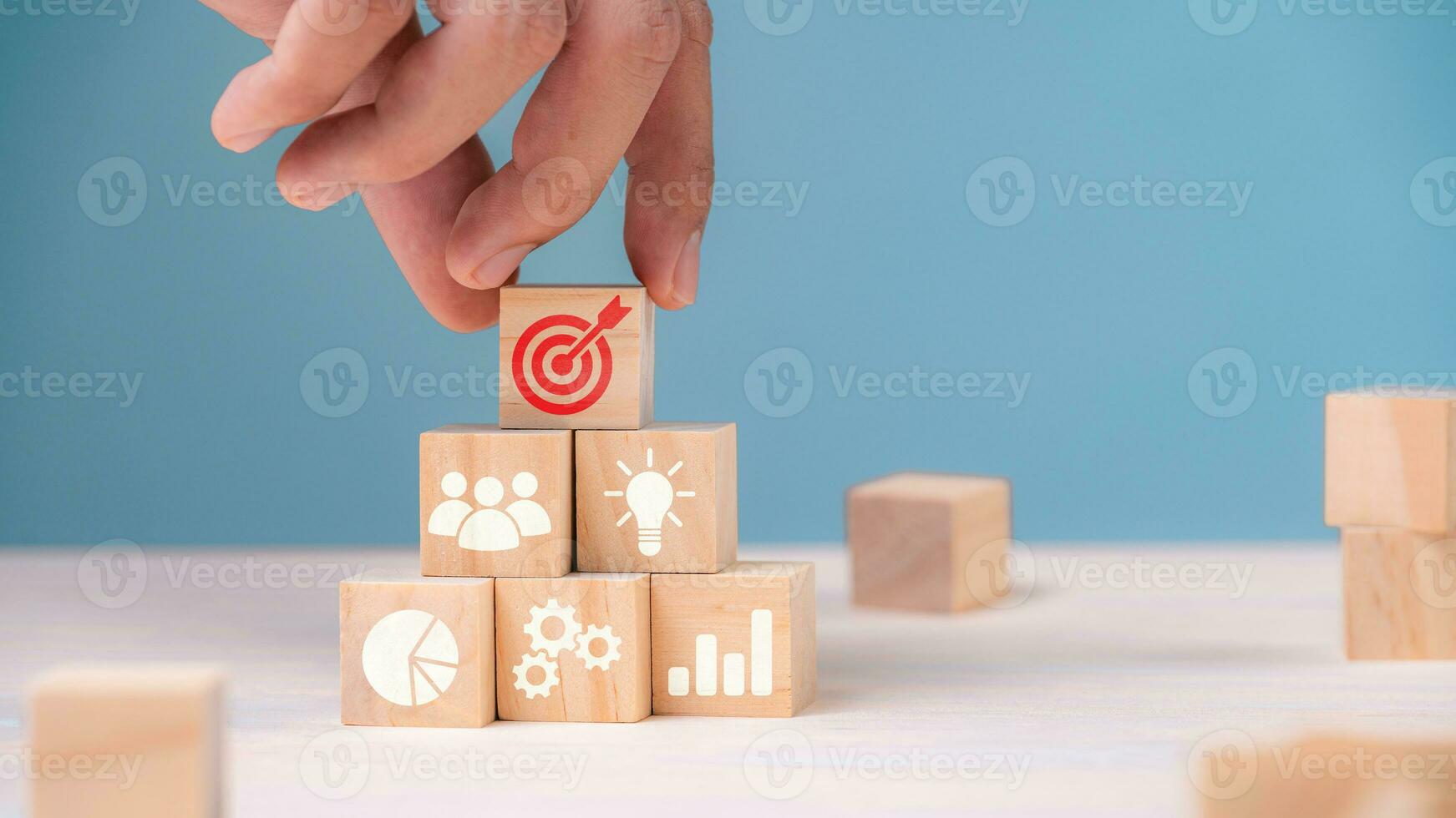 Successful Business Teamwork, Empowering Employees for New Projects and Leadership Success in Corporate Settings. wooden block with icon in goal and success concept. photo