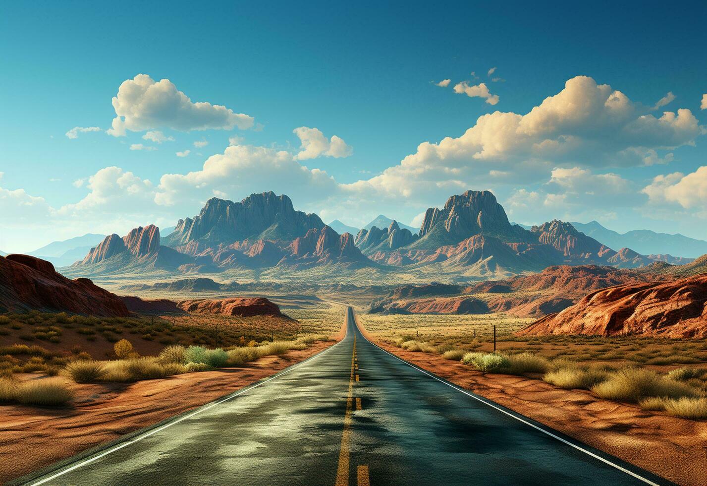 Photo Road Clear Sky Desert Mountains Landscape realistic image, ultra hd, high design very detailed