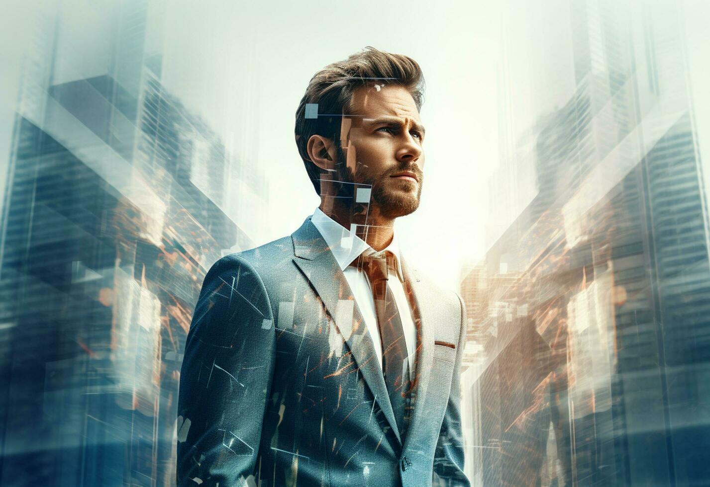 A Double Exposure of a Businessman in the Cityscape Embodies Success and Future Plans photo