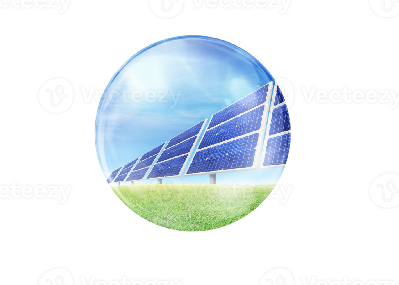 Solar panels on blue sky, solar power plant, blue solar panels, renewable energy source, solar farm in bubble view.  PNG transparent
