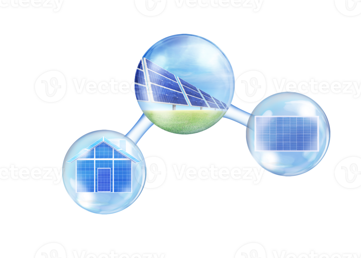 Solar panels on blue sky, solar power plant, blue solar panels, renewable energy source, solar farm in molecular view  PNG transparent