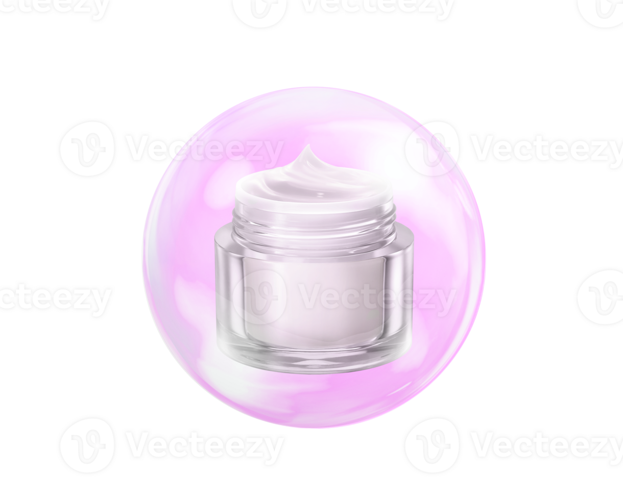 Cosmetic container cream and giant soap bubbles in 3D illustration PNG transparent