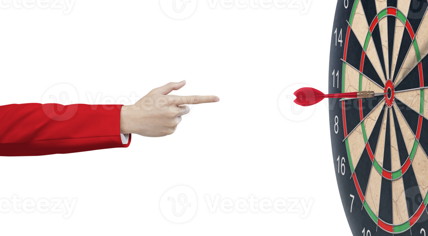 Businessman hand pointing at dart board There is a dart in the center of the bullseye. Business concept. Target. Success. PNG transparent
