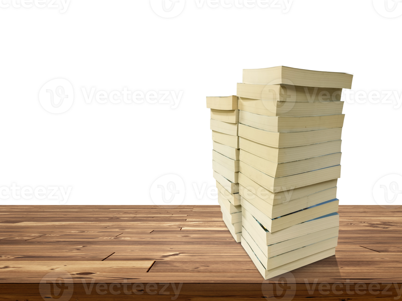 stack of books on wooden table isolated PNG transparent