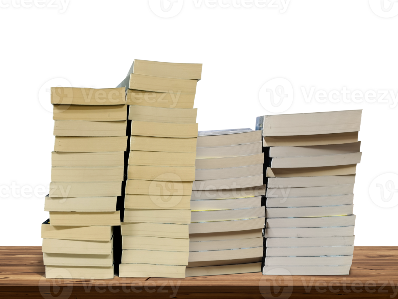 Stack of books lies on wooden table isolated PNG transparent