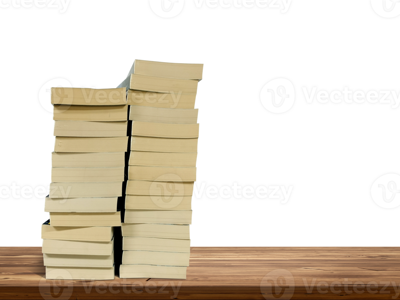 stack of books on wooden table isolated PNG transparent