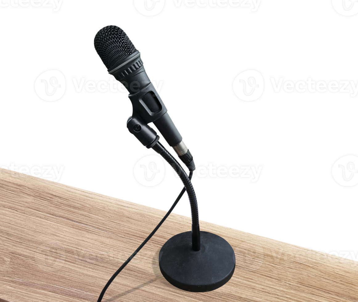 Microphone on stand on wooden table isolated PNG transparent