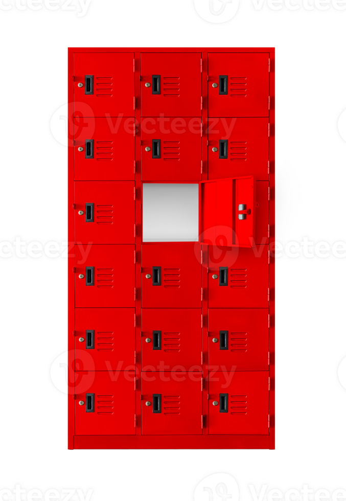 Deposit red locker boxes or gym lockers inside of a room with one central opened door PNG transparent