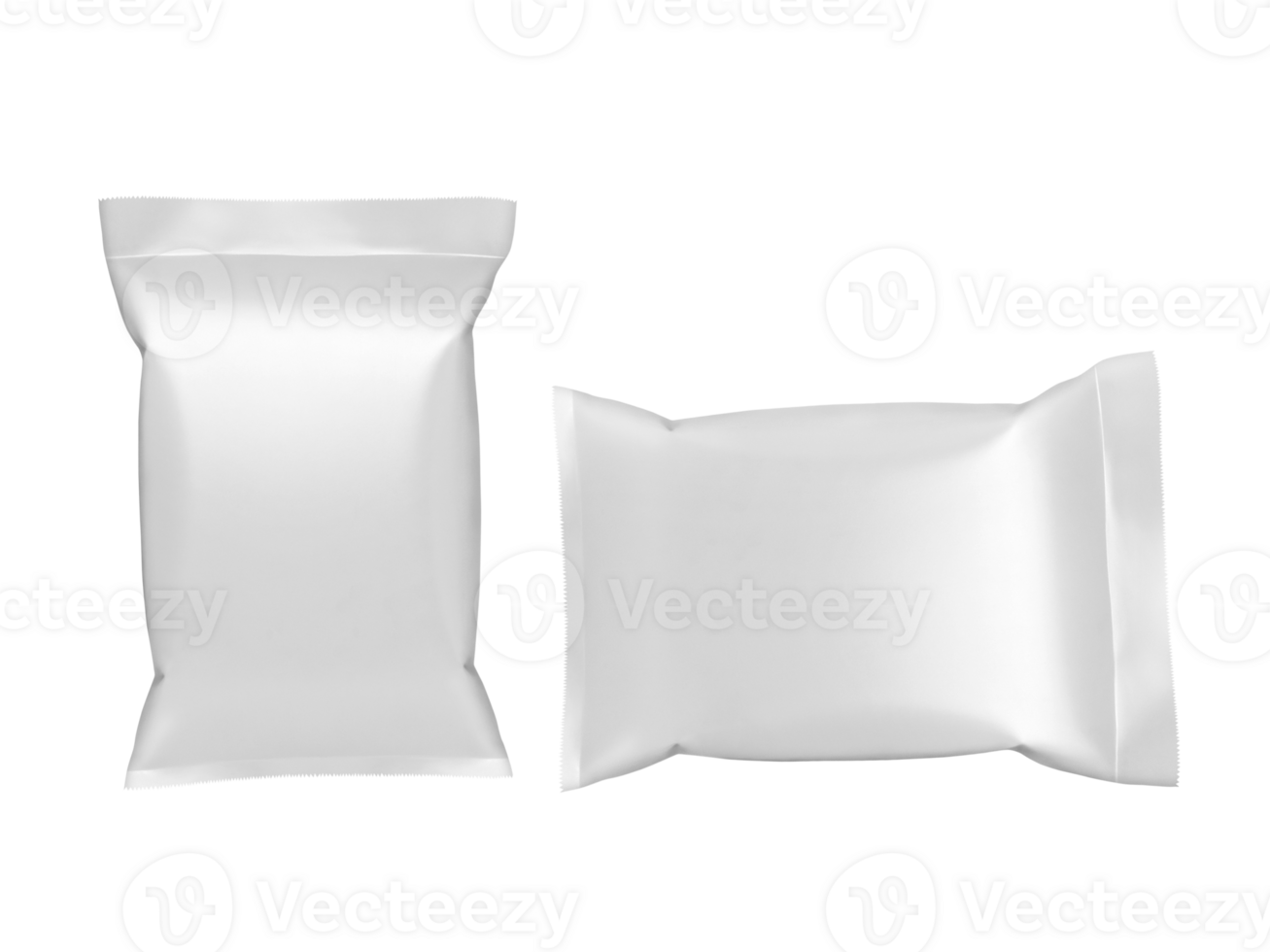 Empty white plastic and silver metallic foil envelopes for packaging design. isolated on white background  PNG transparent