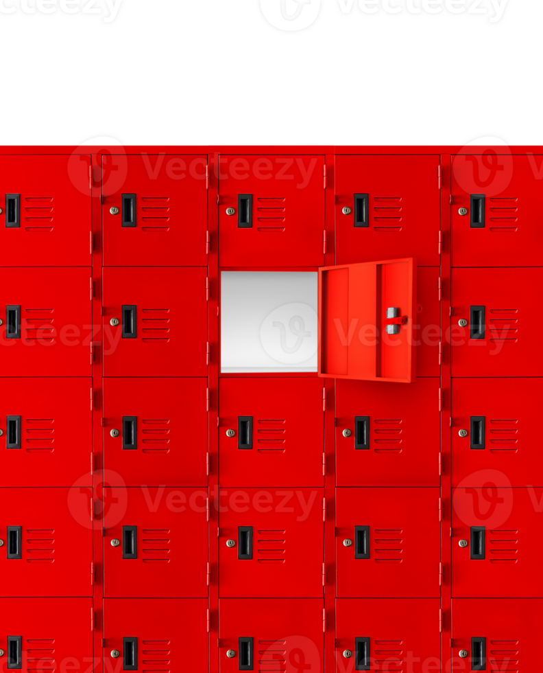 Deposit red locker boxes or gym lockers inside of a room with one central opened door  PNG transparent