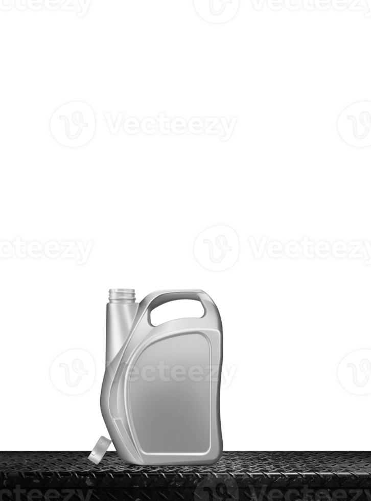A gallon of oil had an open cap placed on a black iron plate. PNG transparent