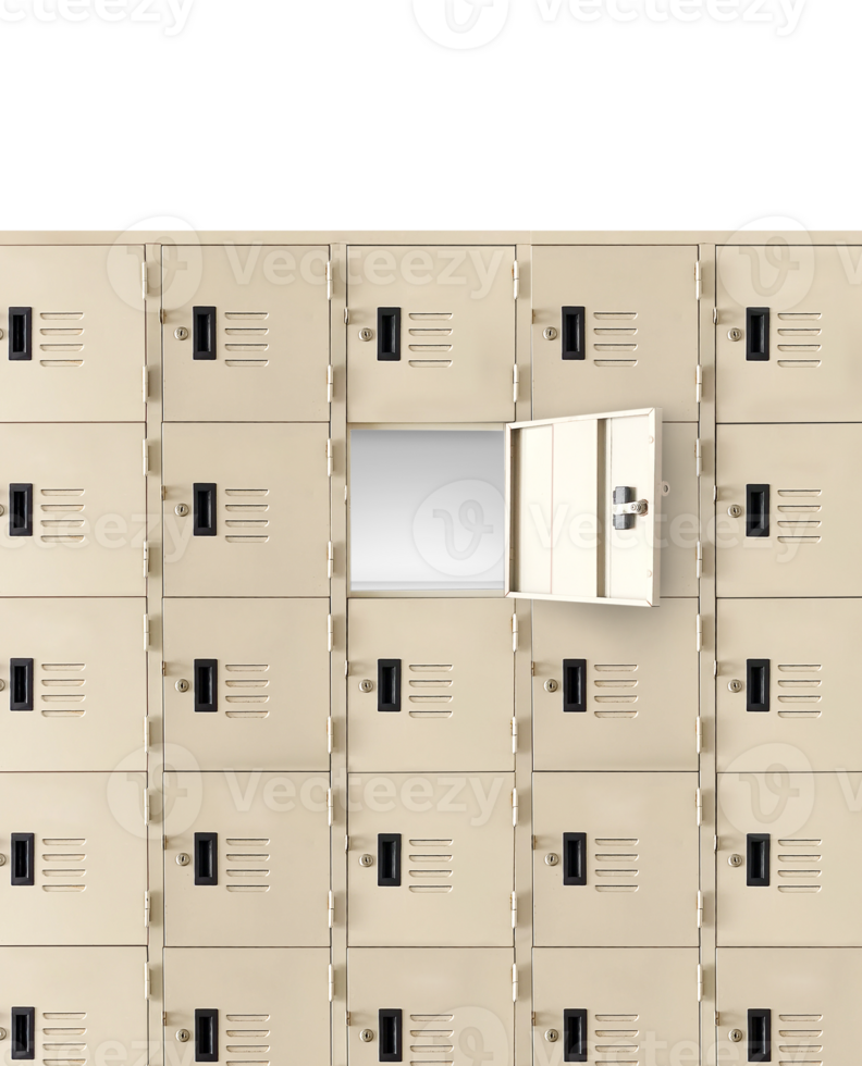 Deposit  locker boxes or gym lockers inside of a room with one central opened door png