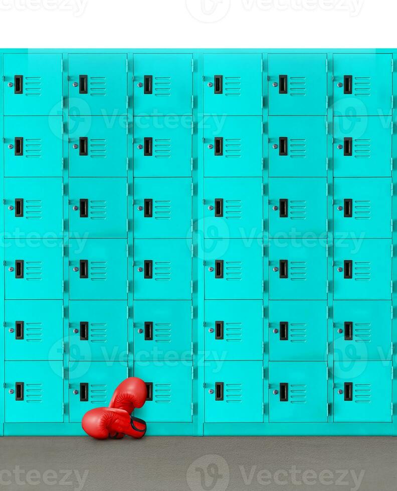 Boxing gloves laying on a concrete floor with a locker in the background. photo