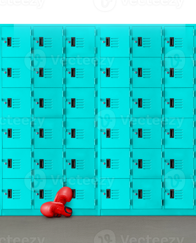 Boxing gloves laying on a concrete floor with a locker in the background  PNG transparent