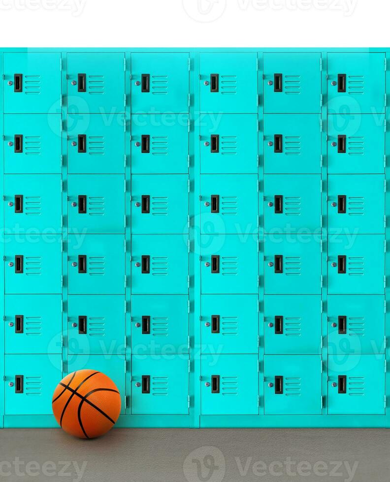 Basketball on cement floor with locker in the background photo