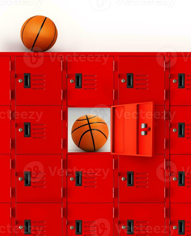 Basketball in locker with basketball on red locker or open gym locker photo