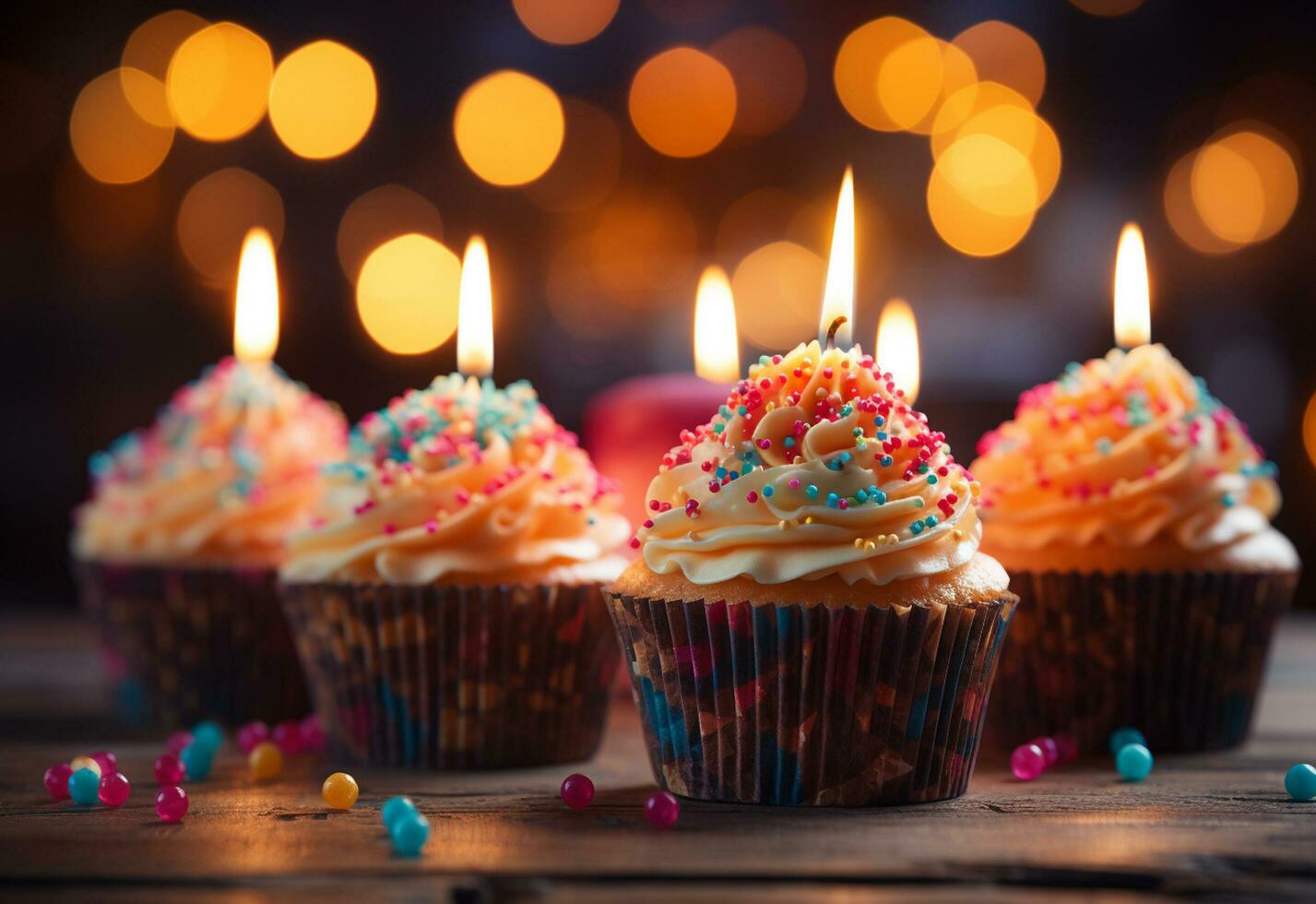 birthday cupcakes with blur background colorful balloons realistic