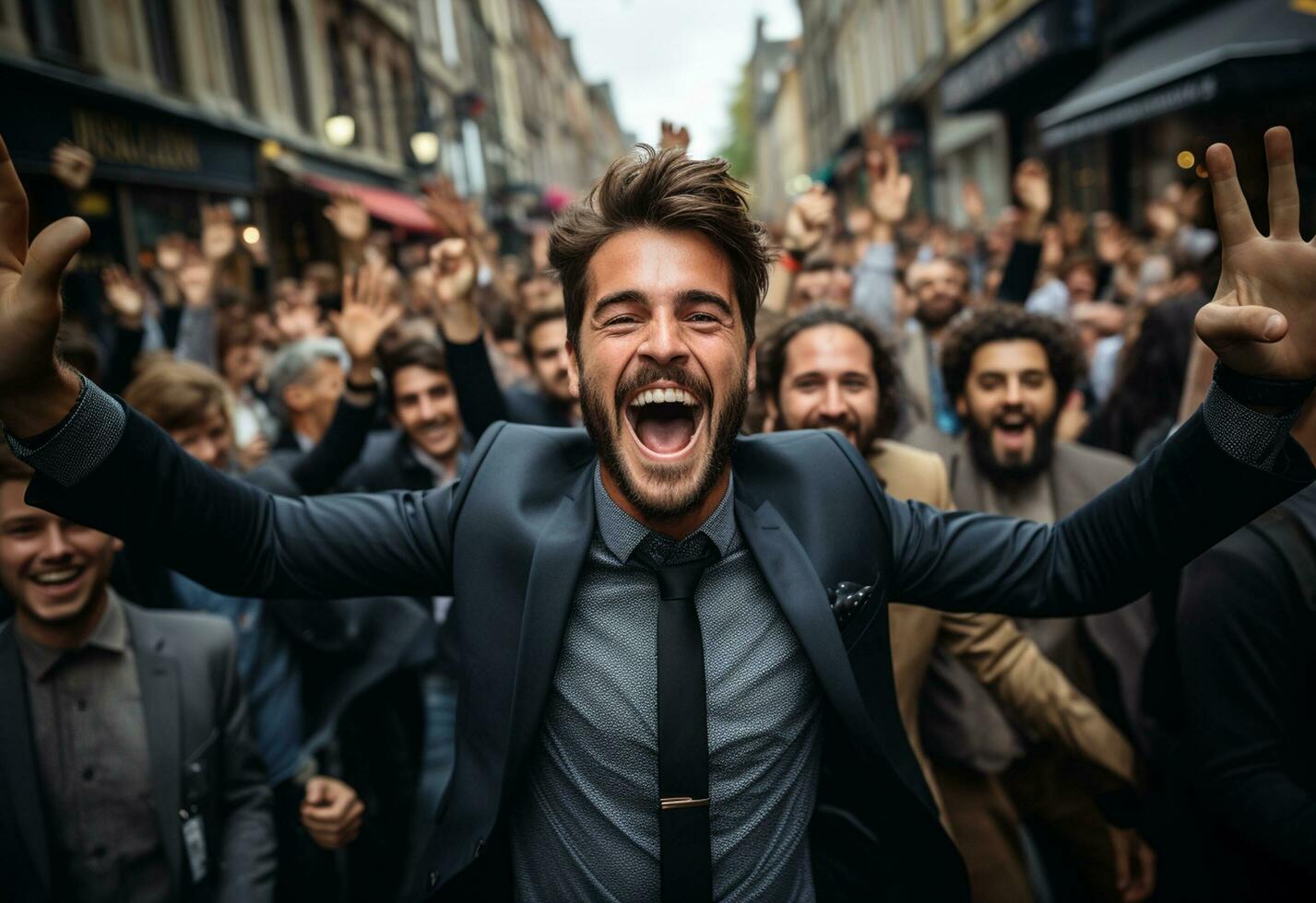 a sucessfull business man celebrate his sucess on a crowded street morning picture taken from drone realistic image, ultra hd, high design very detailed photo