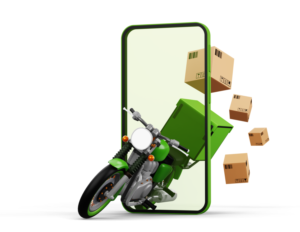 serviço de correio de entrega, compras online, motocicleta com caixa de encomendas, renderização em 3d png