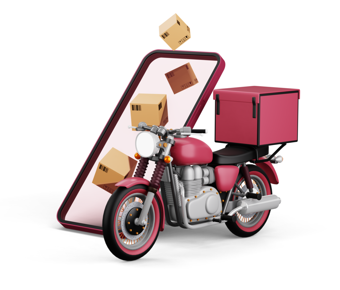 Delivery Courier service, online shopping, motorcycle with parcel box, 3d rendering png