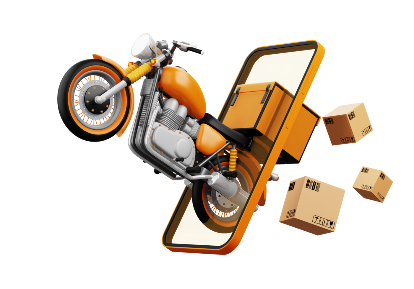 lieferkurierdienst, online-shopping, motorrad mit paketkasten, 3d-rendering png