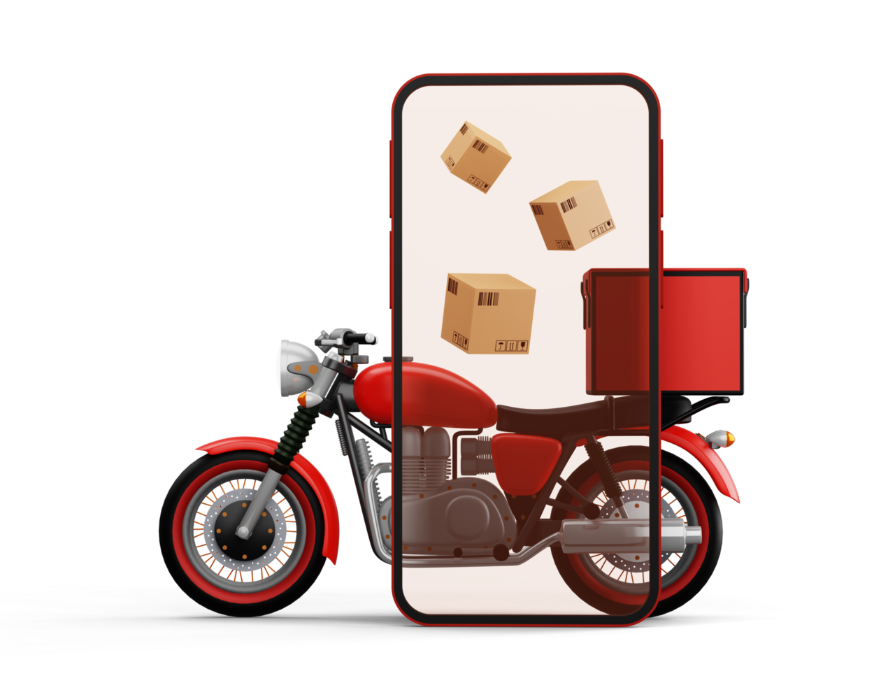 Delivery Courier service, online shopping, motorcycle with parcel box, 3d rendering png