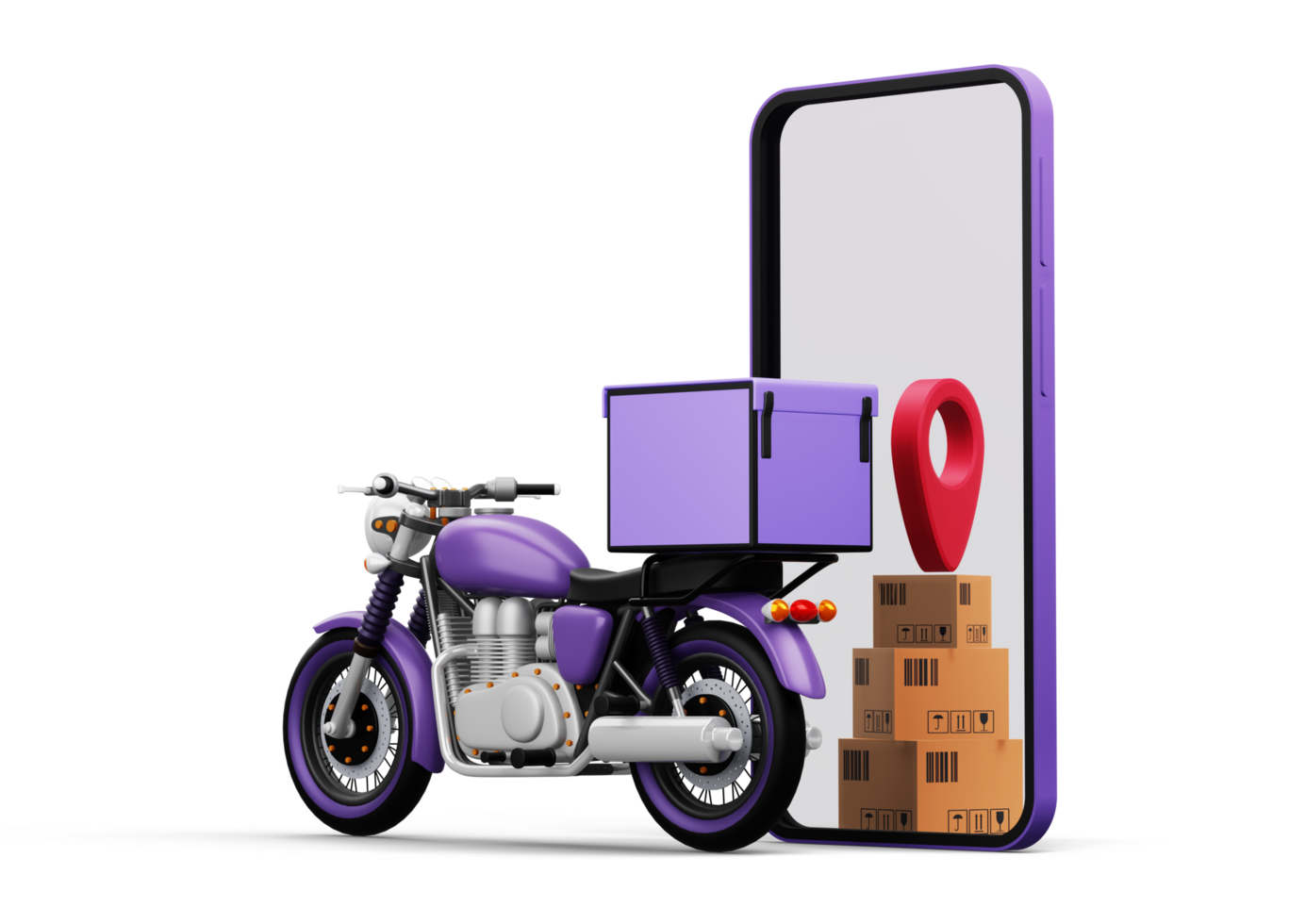 Delivery Courier service, online shopping, motorcycle with parcel box, 3d rendering png