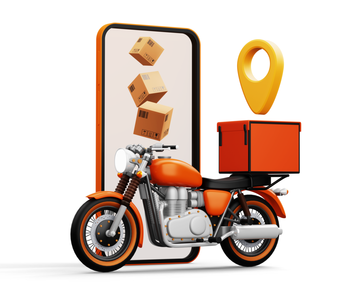 service de messagerie de livraison, achats en ligne, moto avec boîte à colis, rendu 3d png