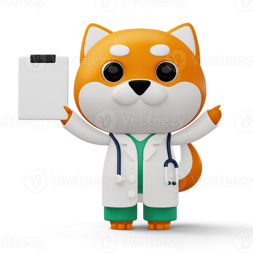 Cute doctor dog, 3d cartoon dog character, 3d rendering png