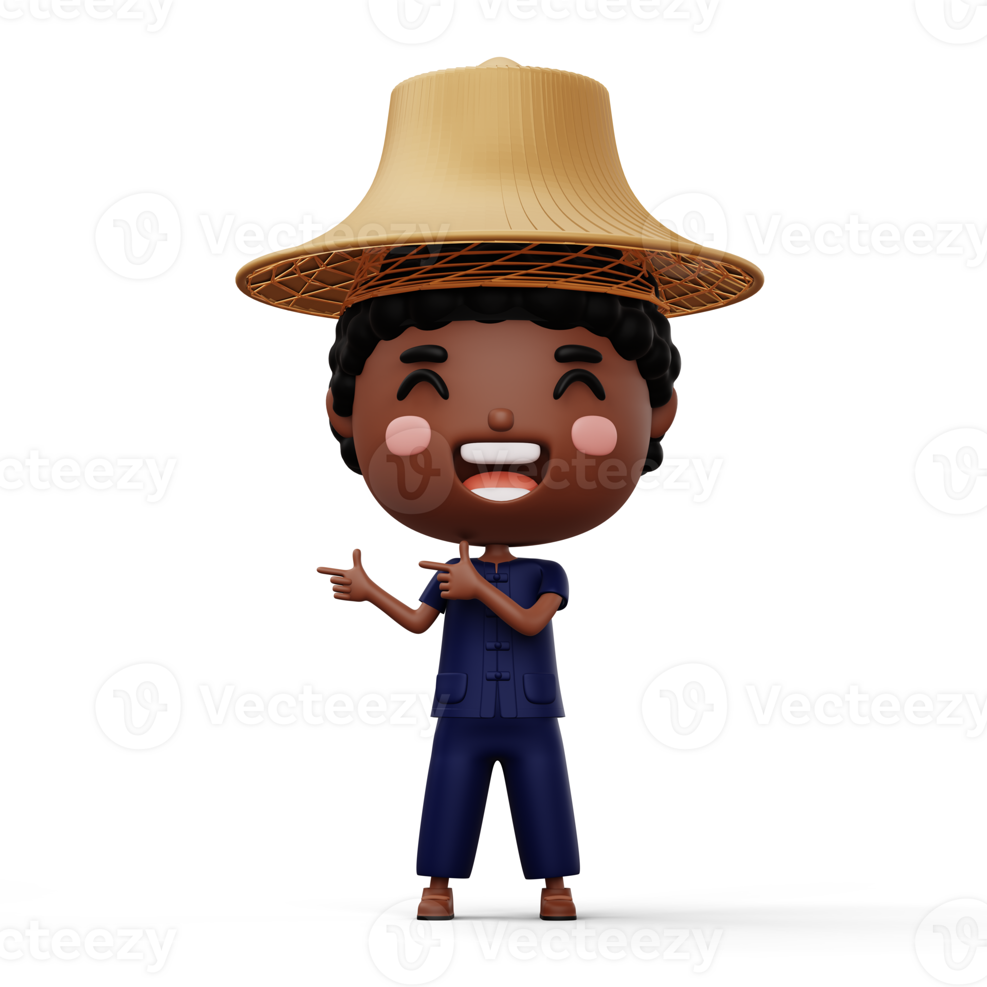 Happy asian farmer wearing mauhom shirt and bamboo hat pointing finger