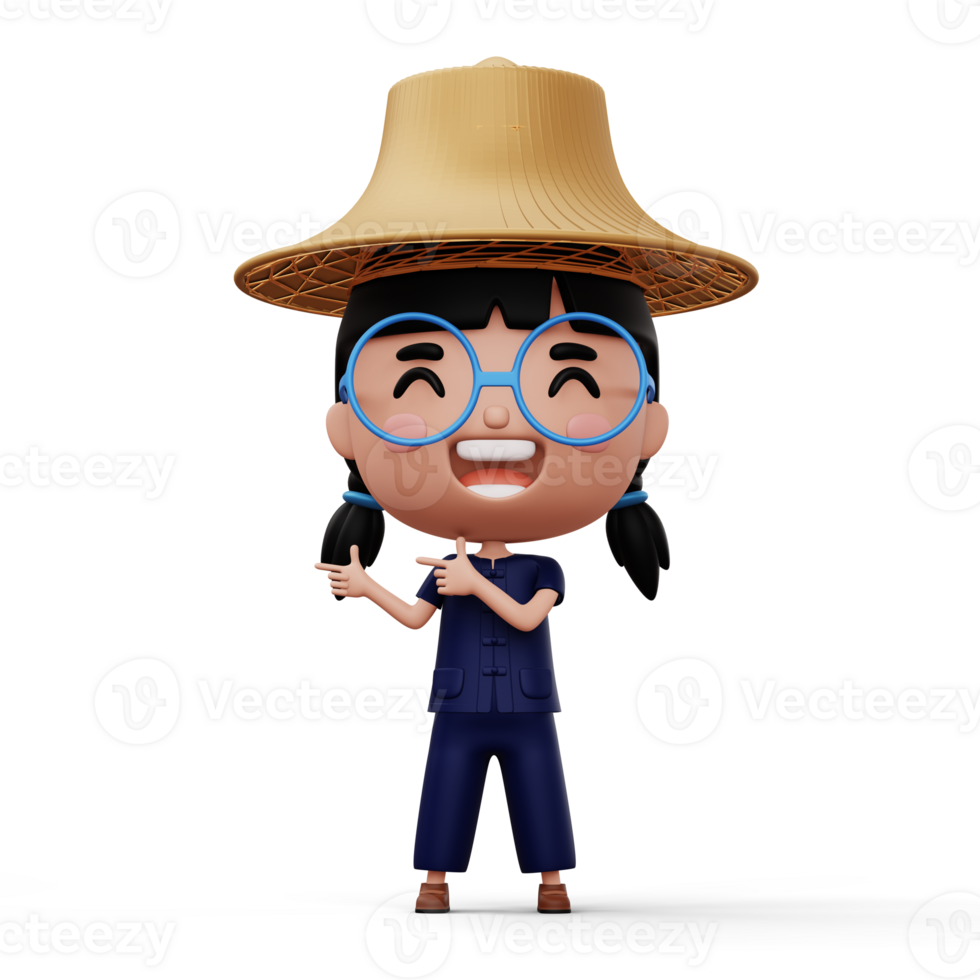 Happy asian farmer wearing mauhom shirt and bamboo hat pointing finger, 3d rendering png