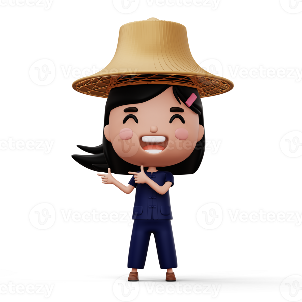 Happy asian farmer wearing mauhom shirt and bamboo hat pointing finger, 3d rendering png