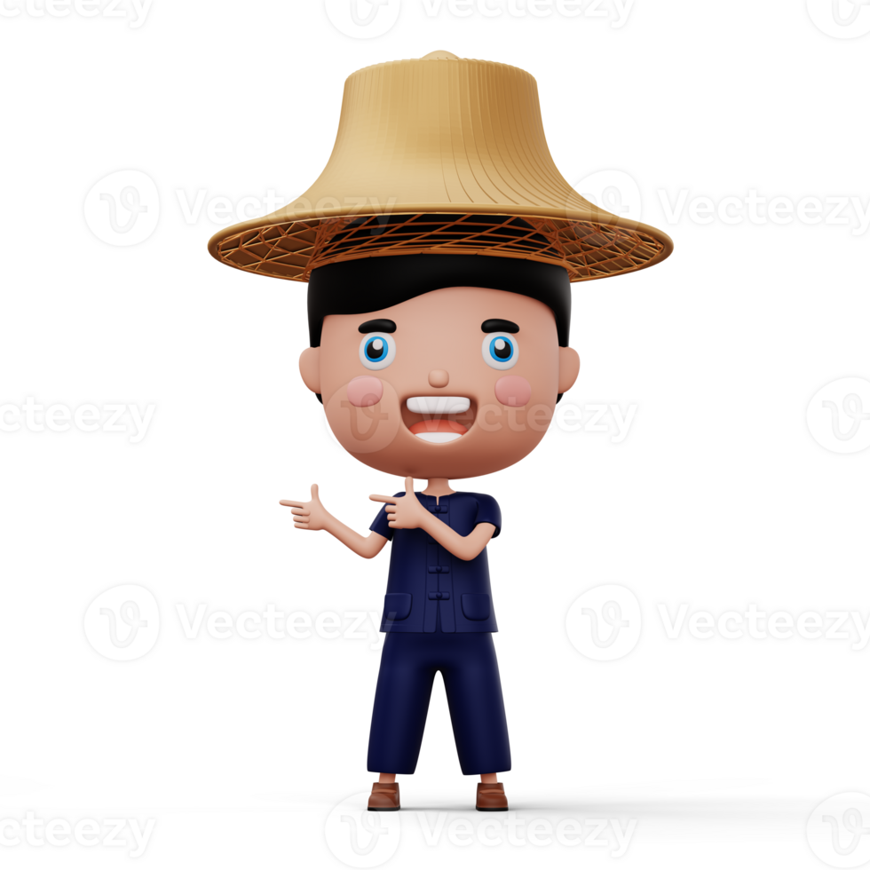 Happy asian farmer wearing mauhom shirt and bamboo hat pointing finger, 3d rendering png