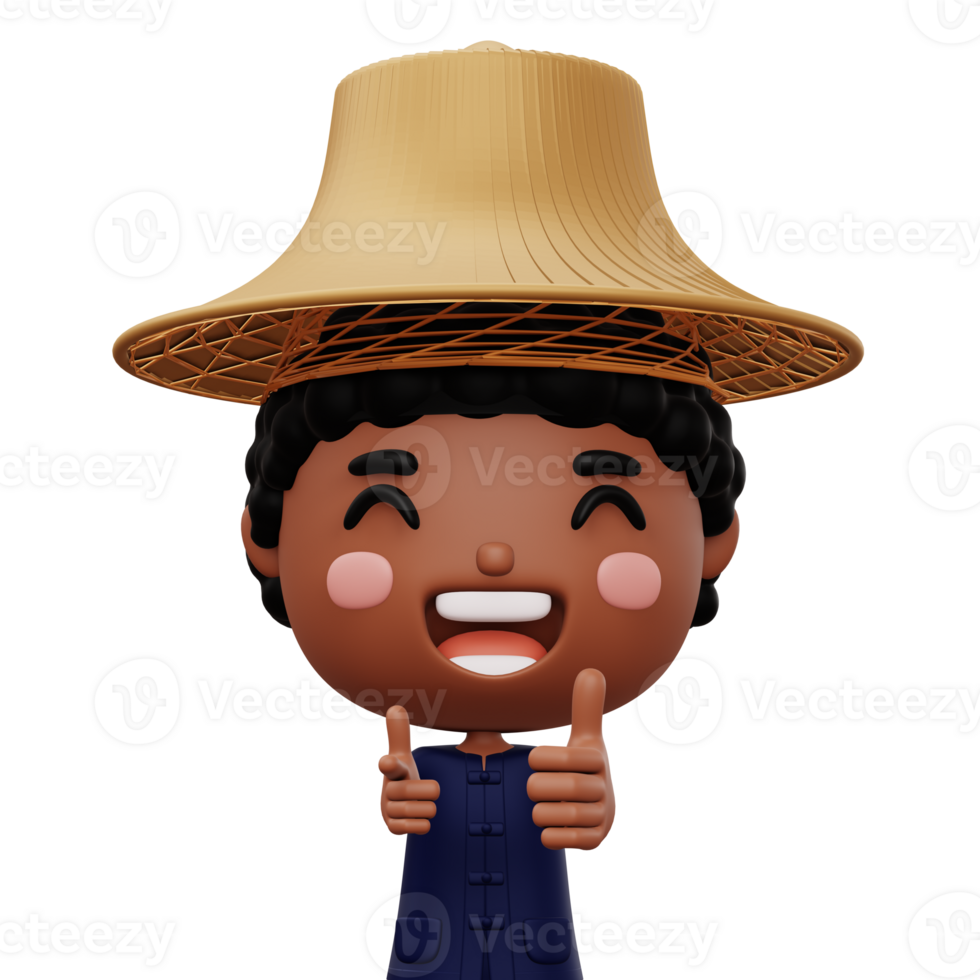 Happy asian farmer wearing mauhom shirt and bamboo hat thumbs up, 3d rendering png