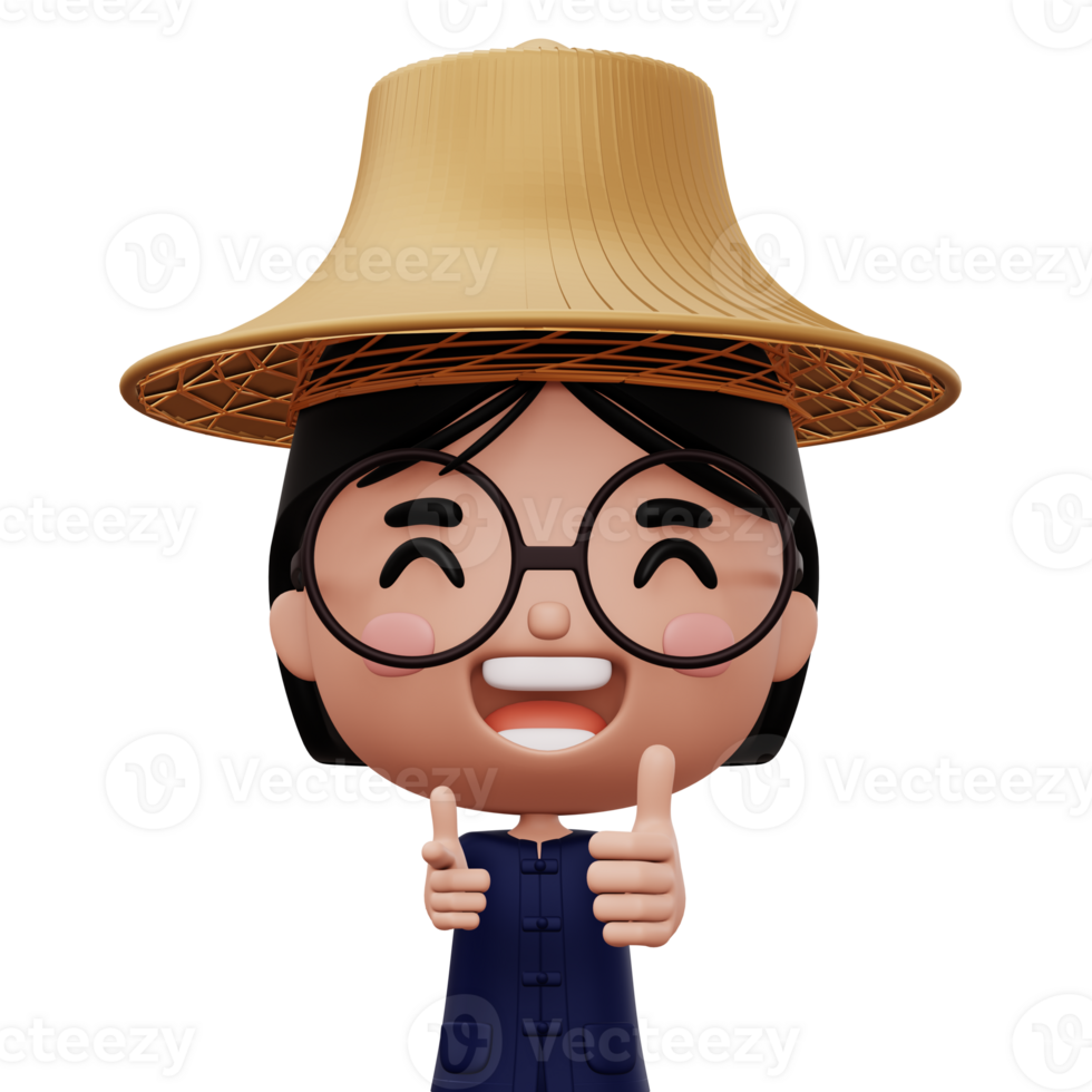 Happy asian farmer wearing mauhom shirt and bamboo hat thumbs up, 3d rendering png