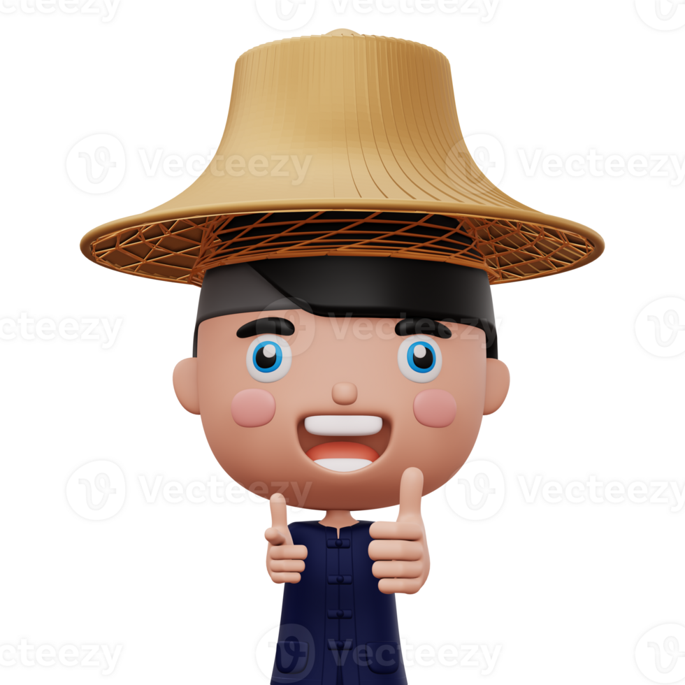 Happy asian farmer wearing mauhom shirt and bamboo hat thumbs up, 3d rendering png