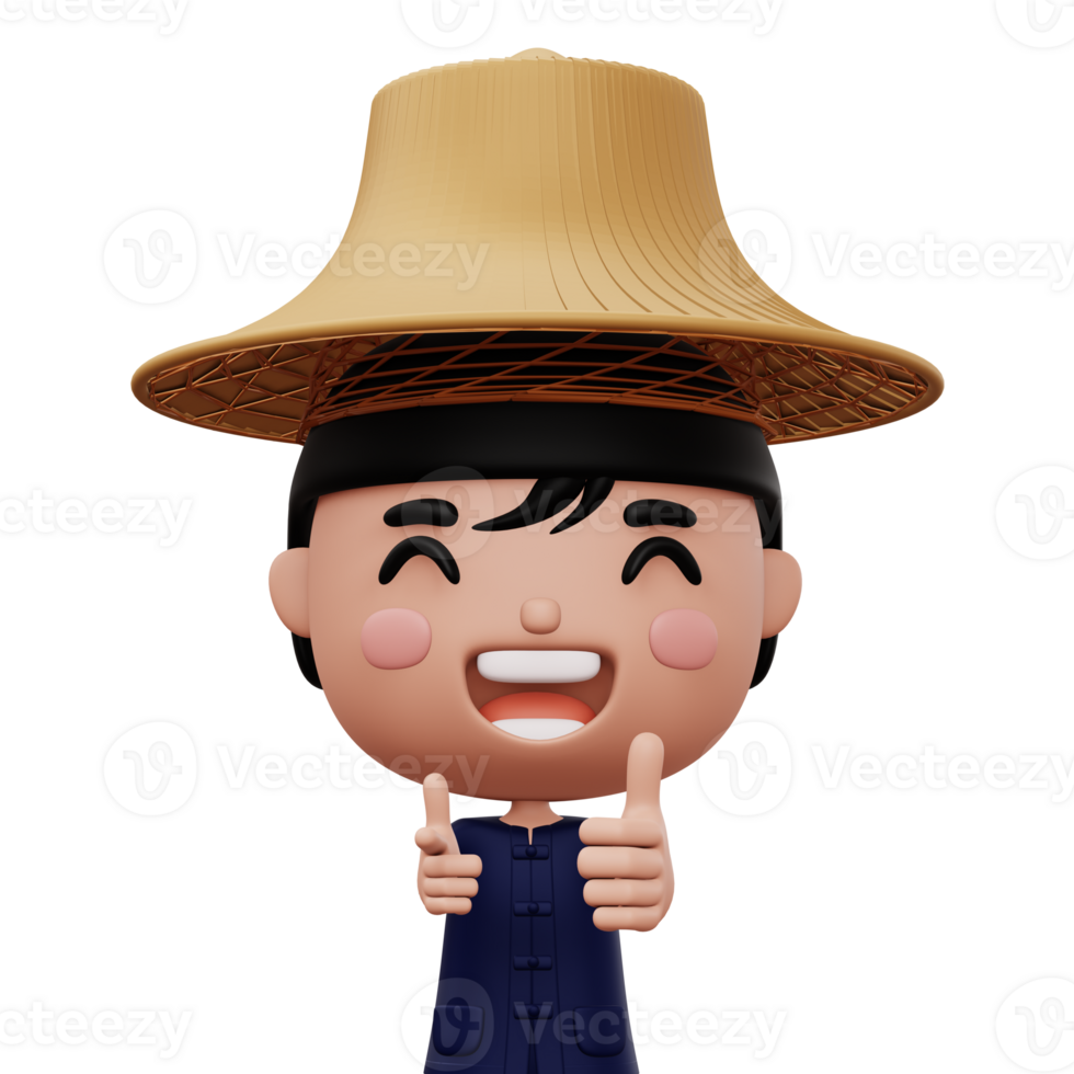 Happy asian farmer wearing mauhom shirt and bamboo hat thumbs up, 3d rendering png