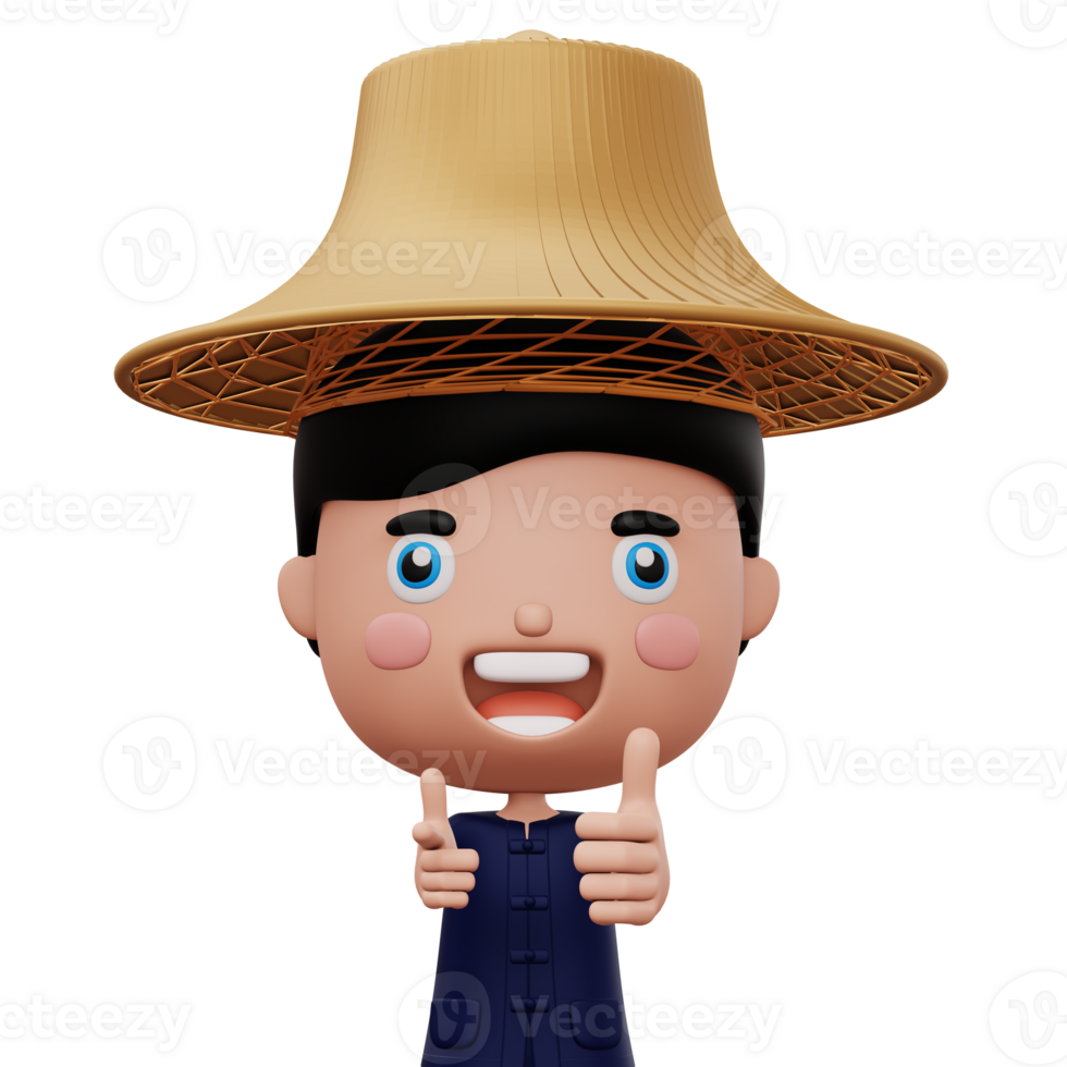 Happy asian farmer wearing mauhom shirt and bamboo hat thumbs up, 3d rendering png