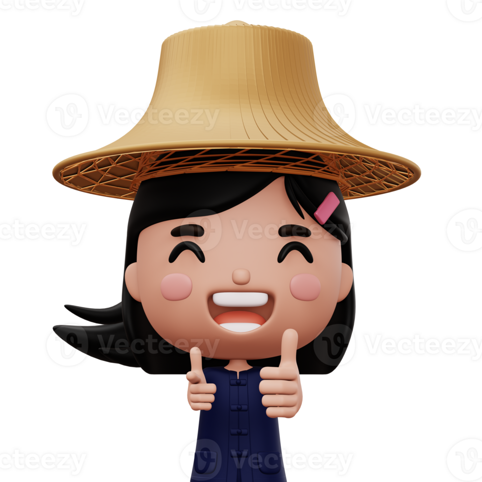 Happy asian farmer wearing mauhom shirt and bamboo hat thumbs up, 3d rendering png