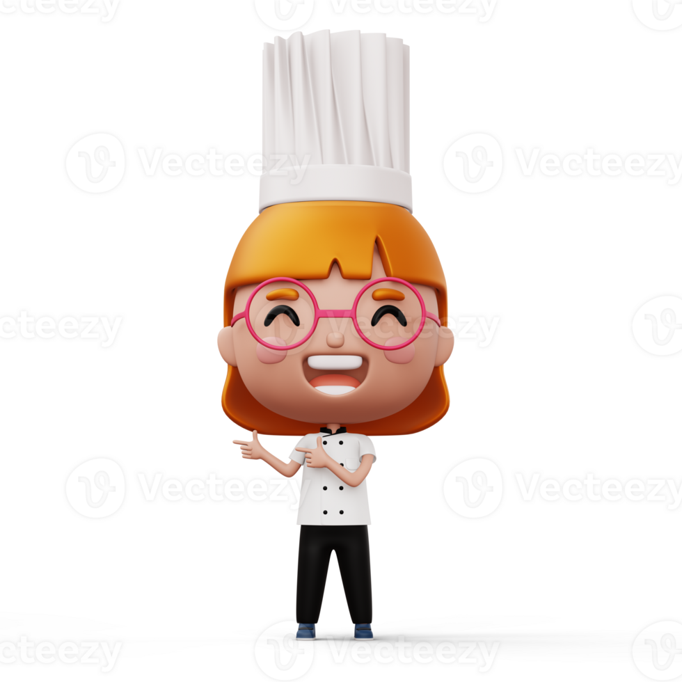 Happy kid chef wearing chef uniform pointing finger, 3d rendering png