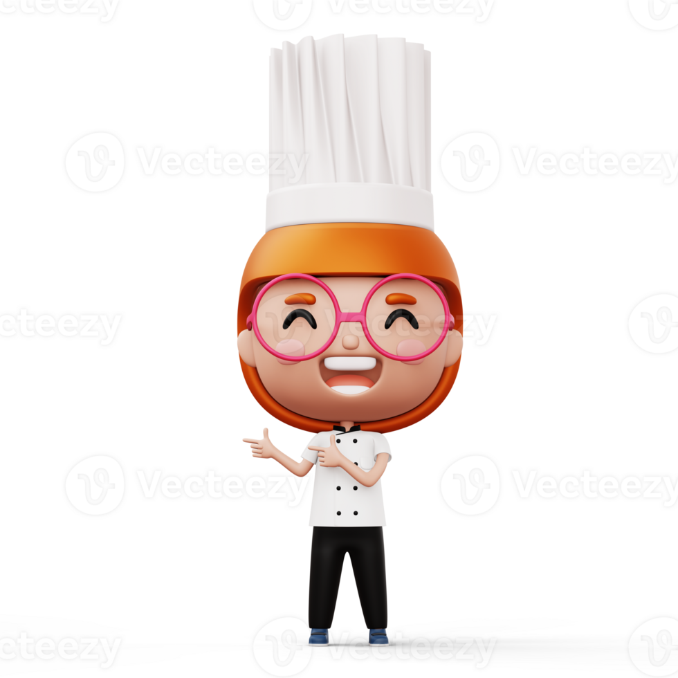 Happy kid chef wearing chef uniform pointing finger, 3d rendering png
