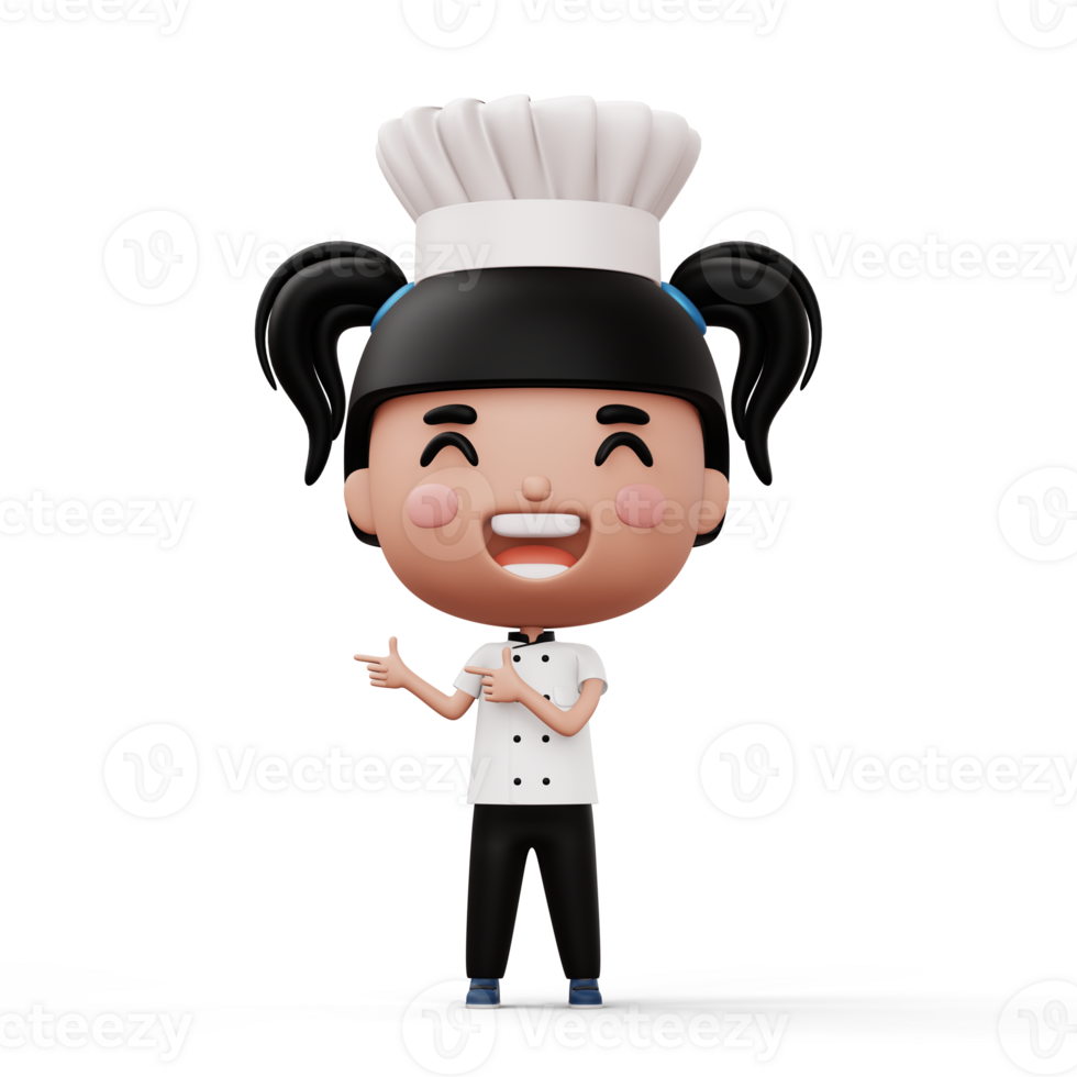 Happy kid chef wearing chef uniform pointing finger, 3d rendering png